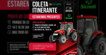 Foto de um trator Case IH em frente ao logo da Coleta Itinerante e Sindicato Rural de Colíder, com informações sobre descarte de agrotóxicos. Créditos: Sindicato Rural De Colíder / Instagram.