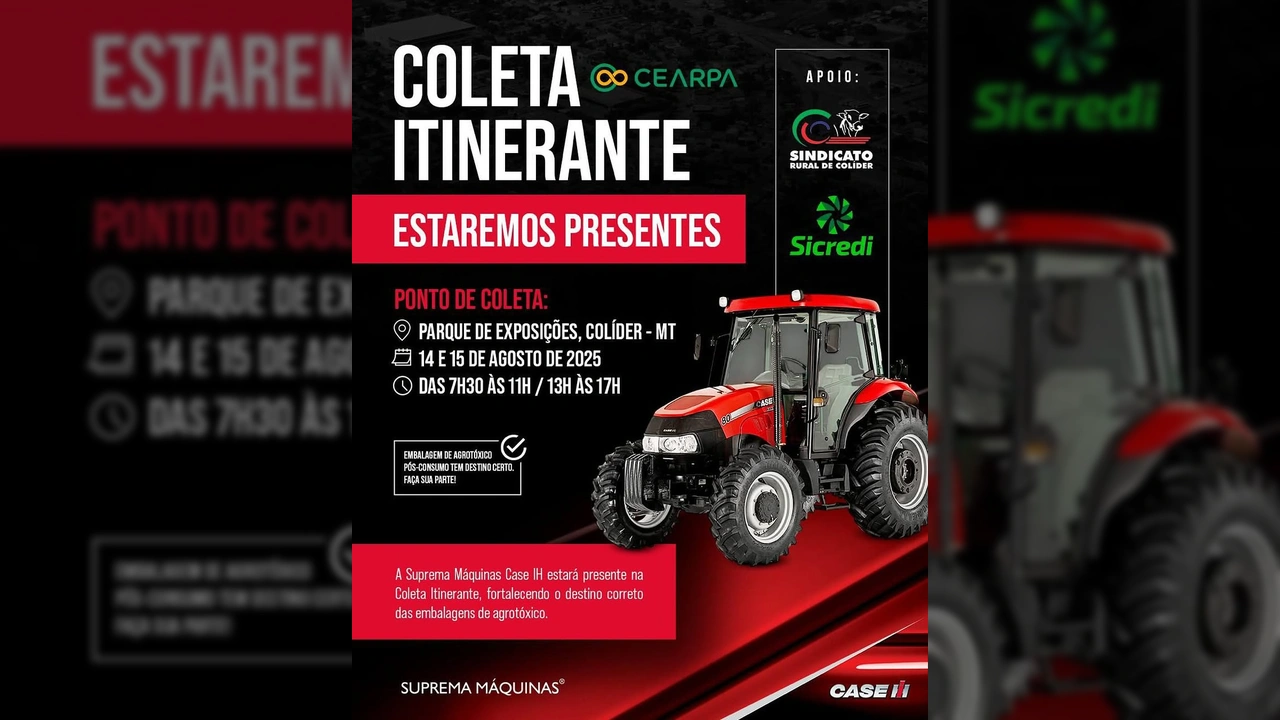 Foto de um trator Case IH em frente ao logo da Coleta Itinerante e Sindicato Rural de Colíder, com informações sobre descarte de agrotóxicos. Créditos: Sindicato Rural De Colíder / Instagram.