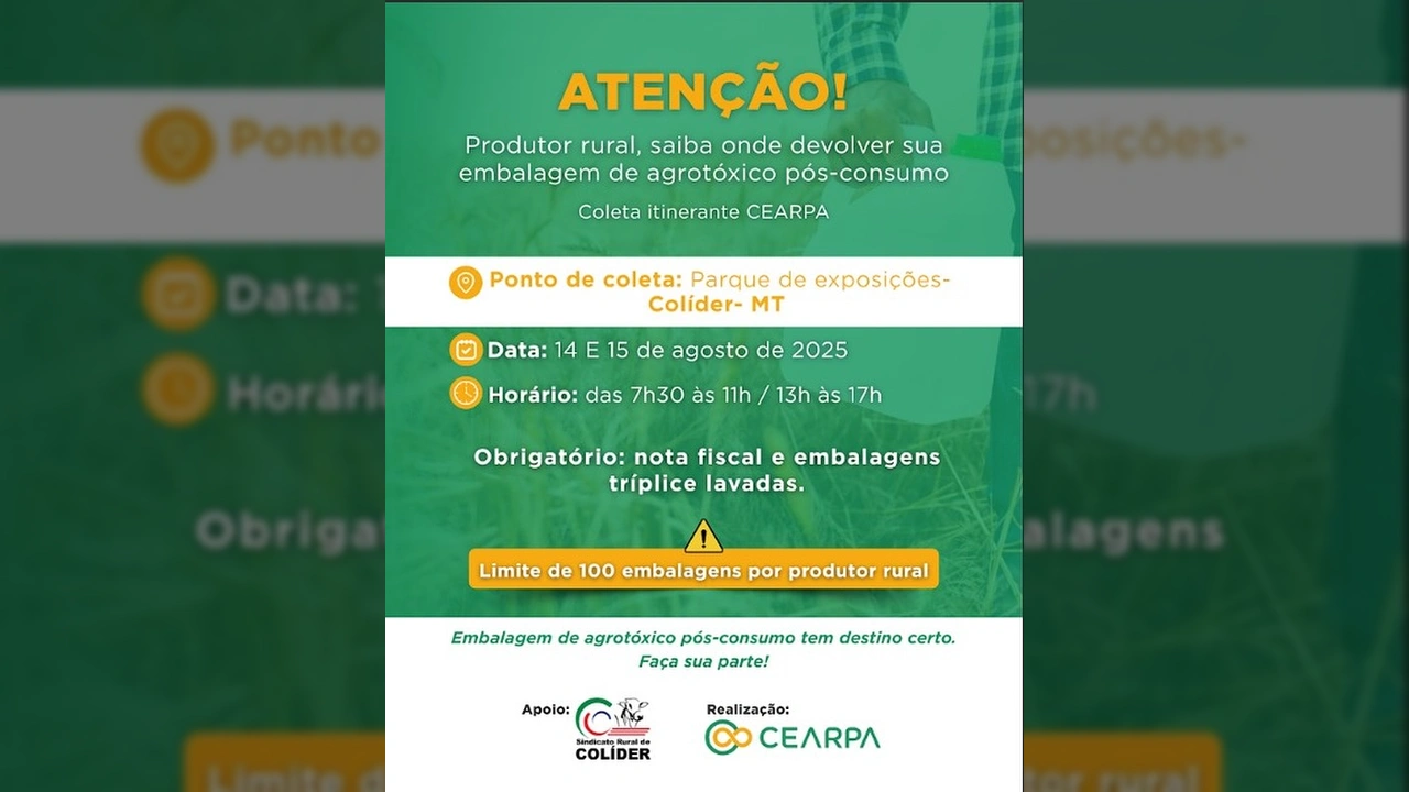 Anúncio da coleta de embalagens de agrotóxicos em Colíder, MT, mostrando informações sobre local e data. Crédito: Sindicato Rural De Colíder / Instagram