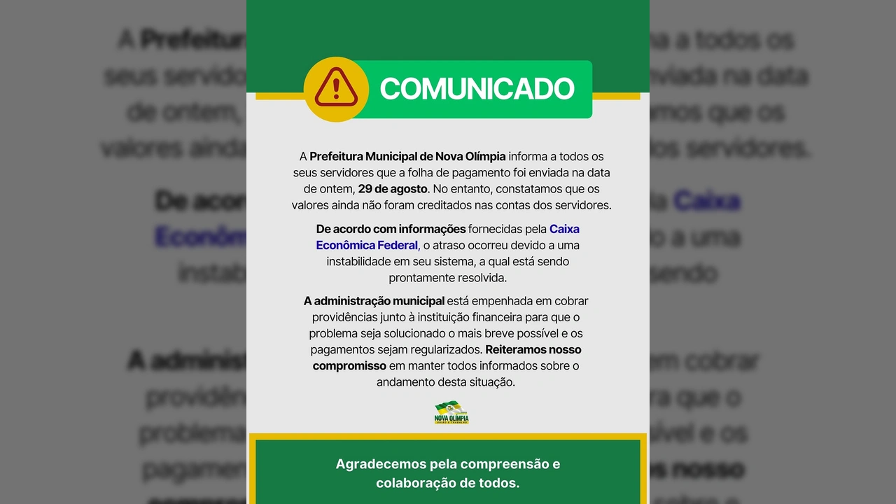 Imagem do comunicado oficial da Prefeitura de Nova Olímpia sobre atraso no pagamento de servidores / Instagram Prefeitura de Nova Olímpia