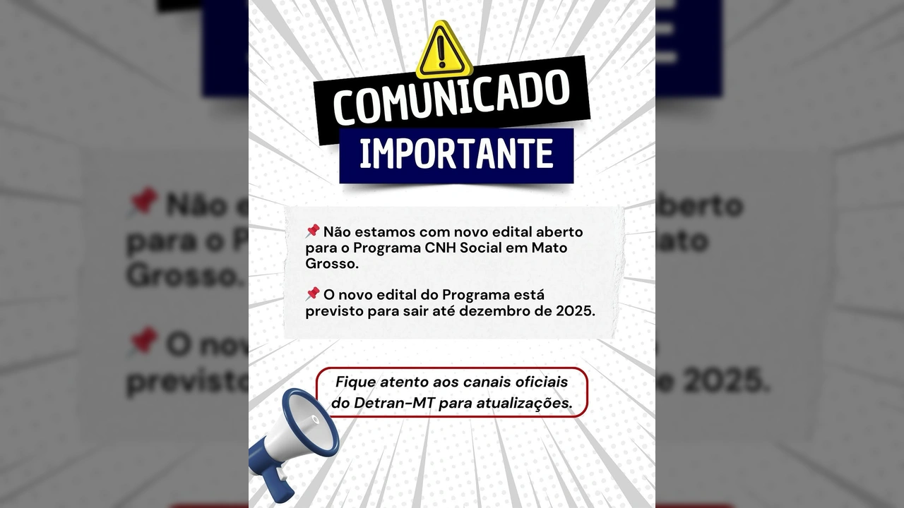 Detran-MT comunica previsão de novo edital para CNH Social em Mato Grosso até dezembro de 2025. Crédito: Detran-MT / Instagram.