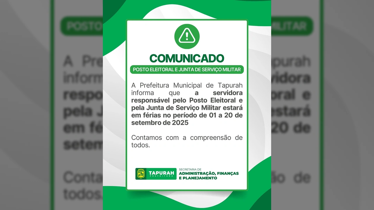 Imagem do comunicado oficial da Prefeitura de Tapurah sobre a suspensão temporária do atendimento no Posto Eleitoral e na Junta de Serviço Militar. Crédito: Instagram/prefeituratapurah