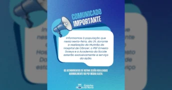 Megafone azul e branco ao lado de um comunicado oficial da Prefeitura de Gaúcha do Norte, anunciando o Mutirão do Hospital de Câncer no PSF Ernesto Doleys e Academia da Saúde.