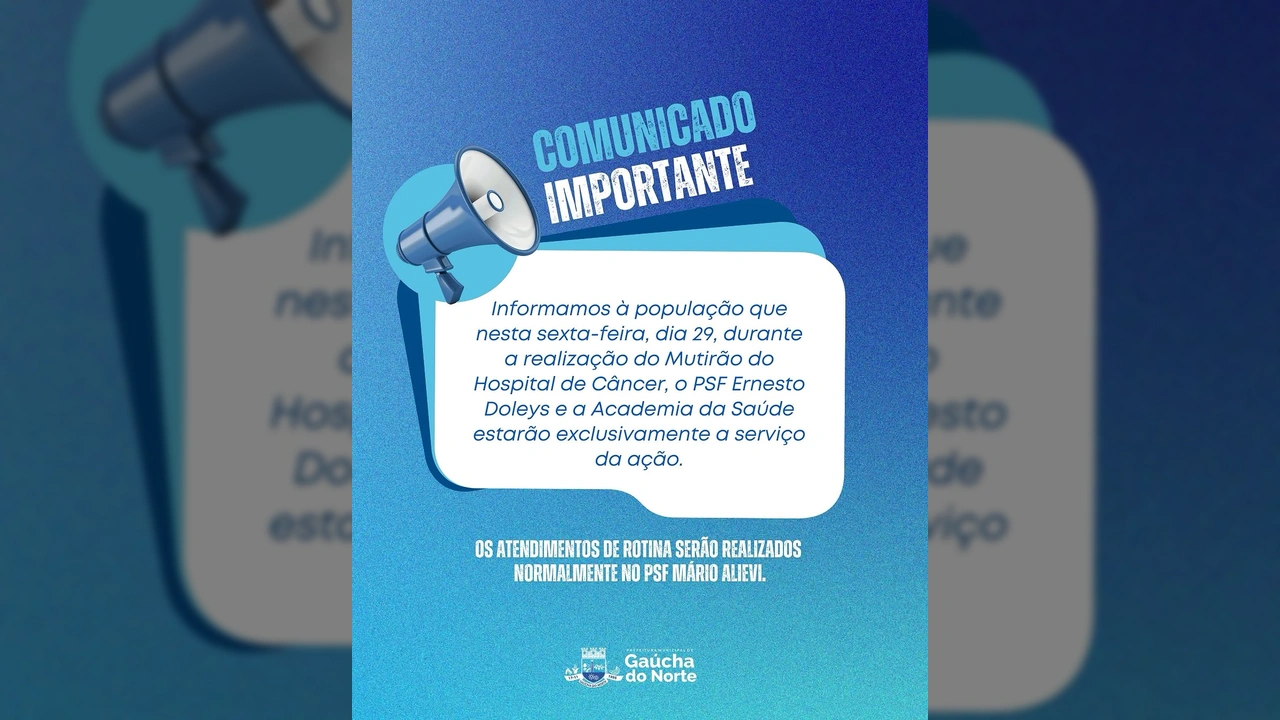 Megafone azul e branco ao lado de um comunicado oficial da Prefeitura de Gaúcha do Norte, anunciando o Mutirão do Hospital de Câncer no PSF Ernesto Doleys e Academia da Saúde.