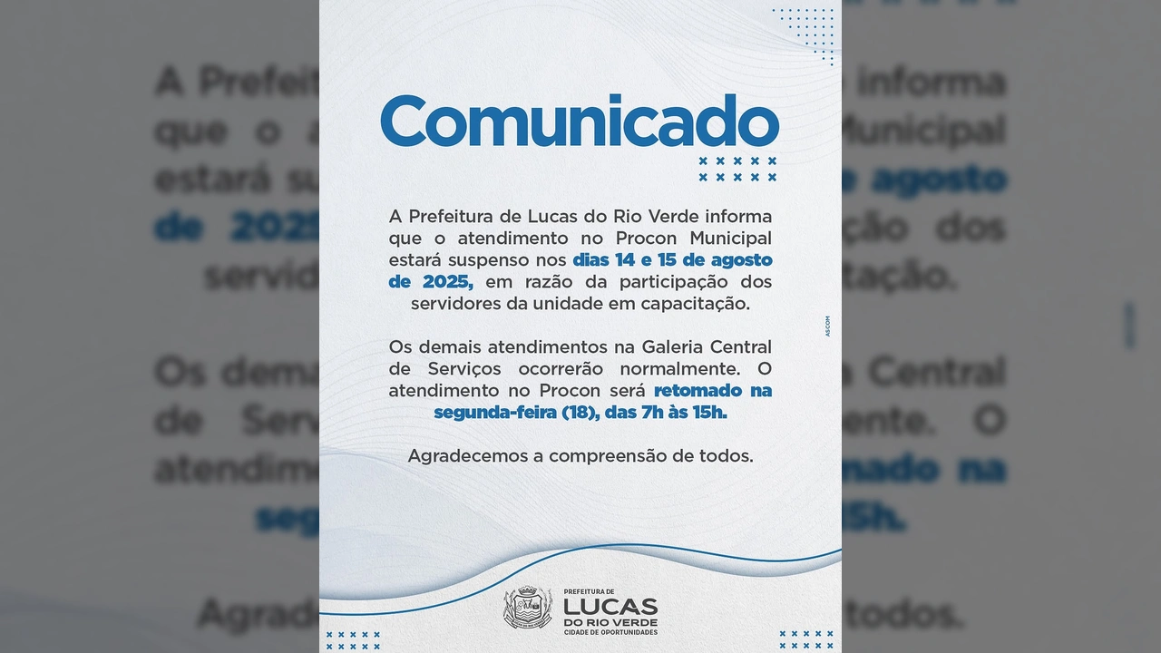 Imagem do comunicado oficial da Prefeitura de Lucas do Rio Verde sobre a suspensão temporária do Procon. Créditos: Prefeitura de Lucas do Rio Verde / Instagram