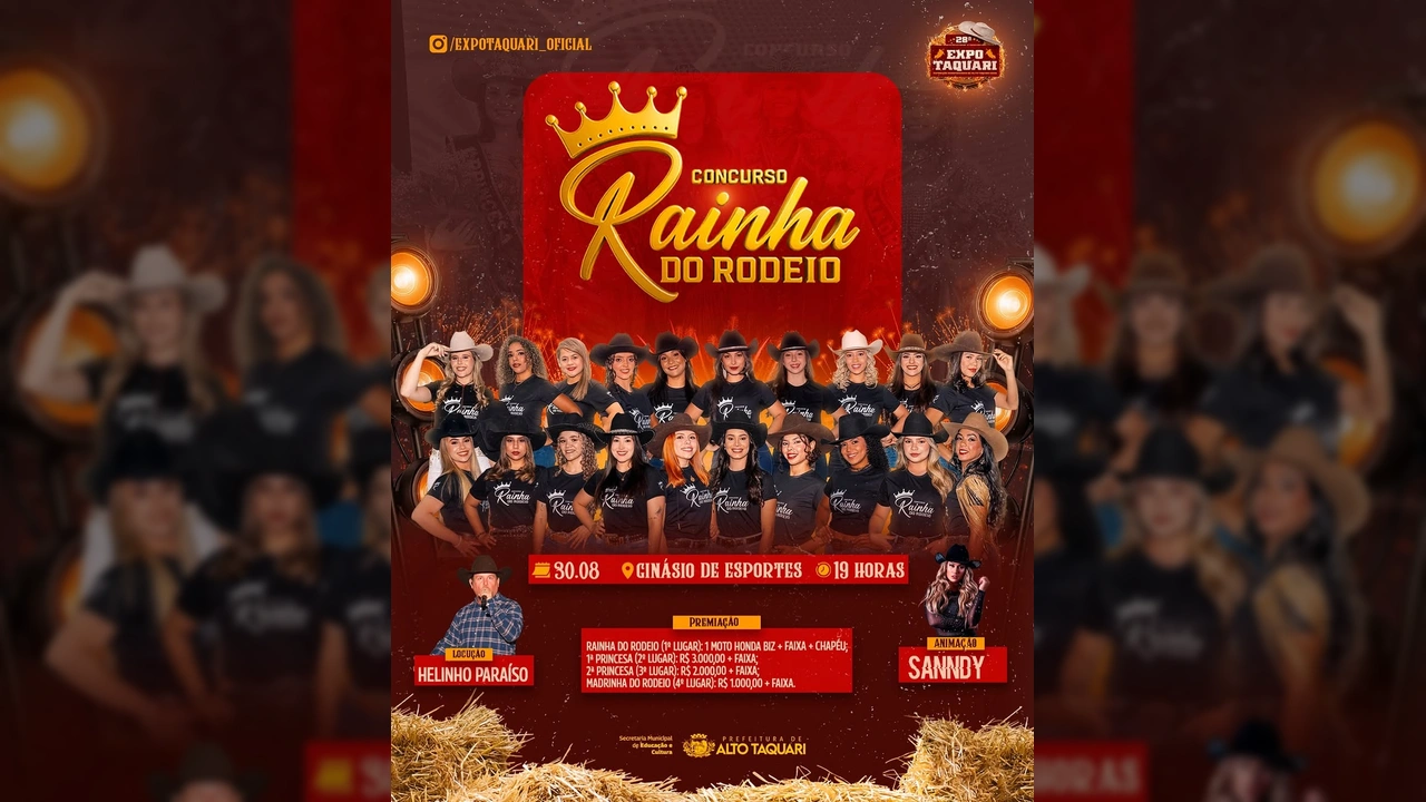 Concurso Rainha do Rodeio 28ª Expo Taquari em Alto Taquari, com candidatas, prêmios e locutor, por prefeituraaltotaquari.