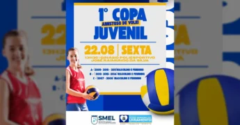 Jovem atleta segurando uma bola de vôlei azul e amarela, representando a 1ª Copa Juvenil de Vôlei em Nossa Senhora do Livramento. Créditos: Prefeitura de Livramento / Instagram