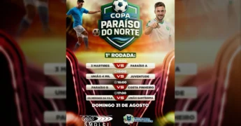 Jogadores de futebol em campo divulgando a Copa Paraíso do Norte em Nova Bandeirantes, com a programação da primeira rodada.