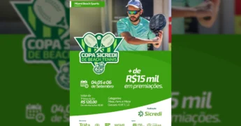 Copa Sicredi de Beach Tennis com jogador em ação e detalhes do evento em Lucas do Rio Verde, Mato Grosso. Créditos: @vivalucasesportelazer