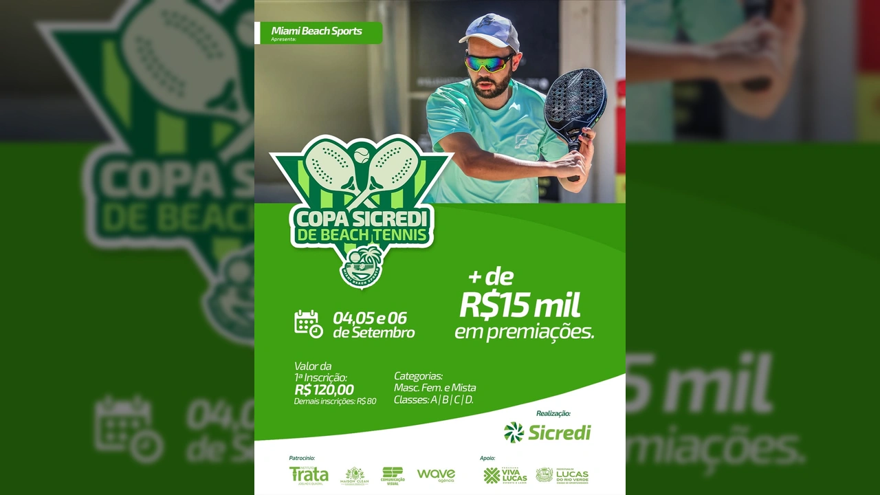 Copa Sicredi de Beach Tennis com jogador em ação e detalhes do evento em Lucas do Rio Verde, Mato Grosso. Créditos: @vivalucasesportelazer