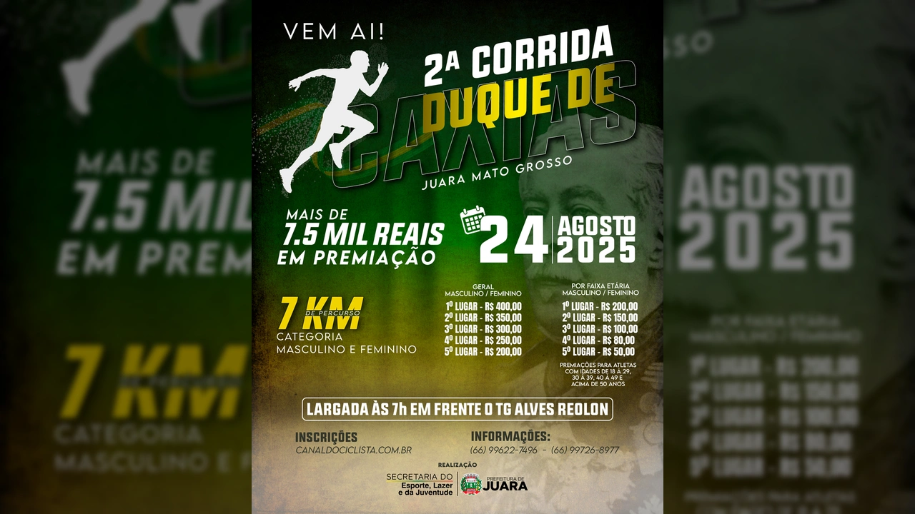 Ilustração de um atleta correndo na arte de divulgação da 2ª Corrida Duque de Caxias em Juara, MT. Créditos: Prefeitura de Juara / Instagram.