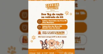 Imagem informativa sobre a Corrida de Inverno em Lucas do Rio Verde, mostrando horários e locais para retirada de kits e a ação de doação de ração para pets.