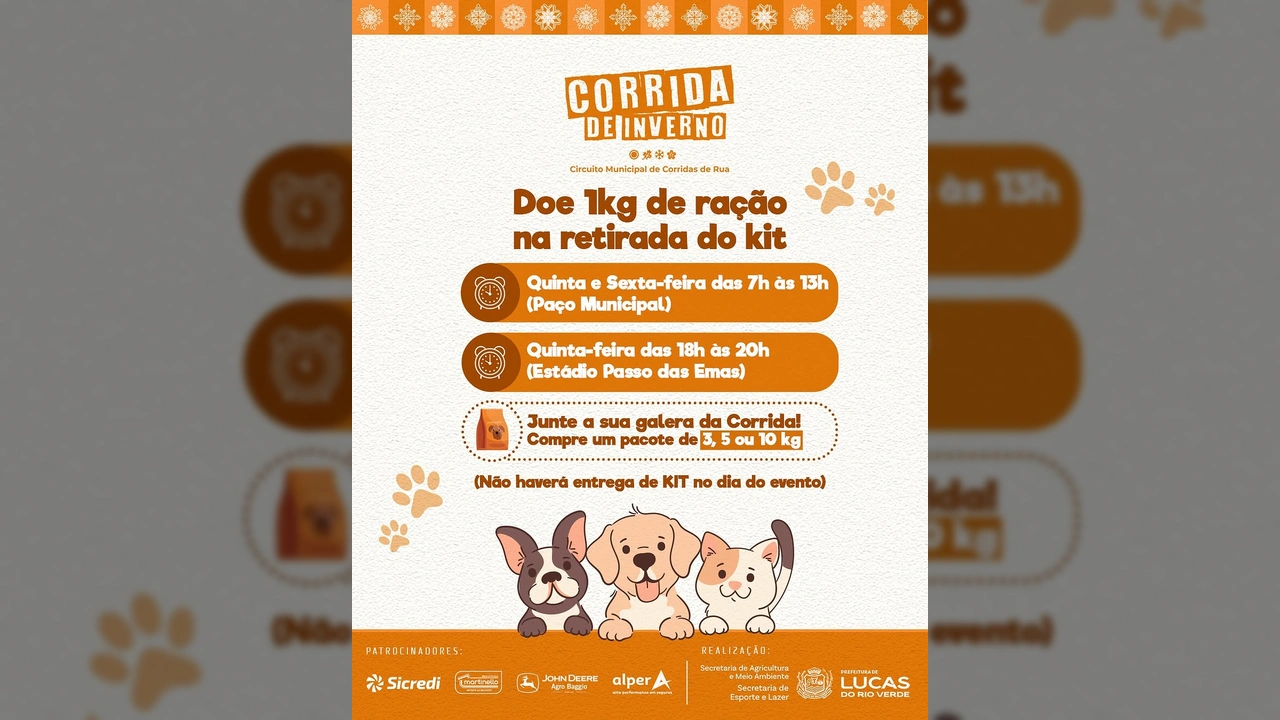 Imagem informativa sobre a Corrida de Inverno em Lucas do Rio Verde, mostrando horários e locais para retirada de kits e a ação de doação de ração para pets.