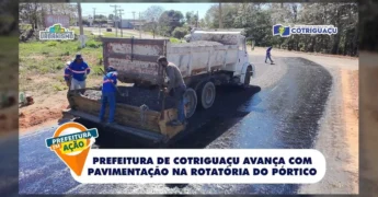 Pavimentação da rotatória do pórtico em Cotriguaçu. Imagem cortesia da Prefeitura Municipal de Cotriguaçu.