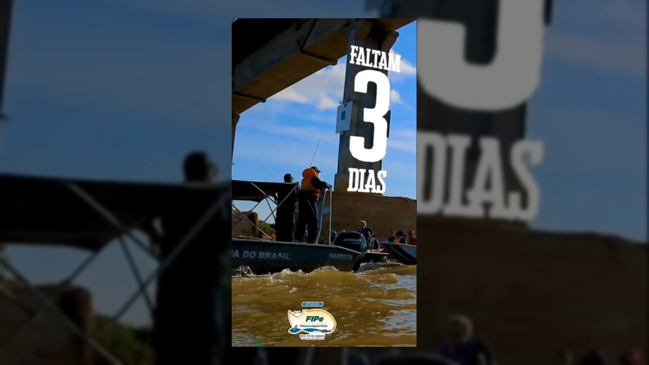 Imagem de barcos de pesca sob uma ponte em Cáceres, com o texto 'Faltam 3 dias' para a FIPe. Créditos: fipecaceresoficial / Instagram.