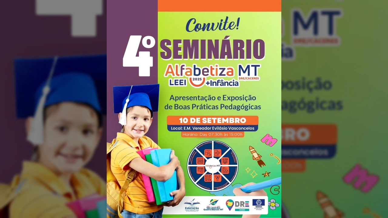 Imagem de uma criança com capelo de formatura e livros, representando a educação no Seminário Alfabetiza MT. Créditos: Prefeitura de São José dos Quatro Marcos / Instagram.