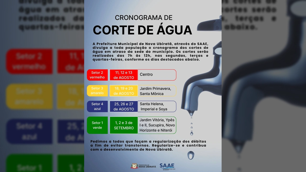 Cronograma de cortes de água em Nova Ubiratã para os meses de agosto e setembro de 2025