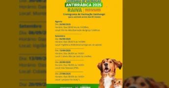 Imagem do cronograma da campanha de vacinação antirrábica 2025 de Itanhangá, com detalhes de datas, horários e locais, e ilustração de um cachorro e um gato. Créditos: Prefeitura de Itanhangá / Instagram.