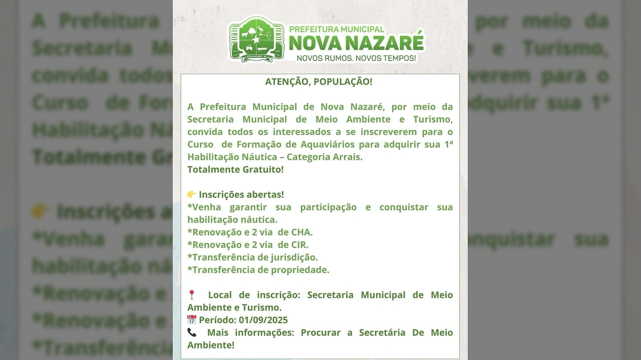 Imagem do anúncio da Prefeitura de Nova Nazaré sobre o curso gratuito de Aquaviários e habilitação náutica. Créditos: Prefeitura de Nova Nazaré / Instagram.