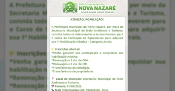 Imagem da divulgação do curso de formação de aquaviários em Nova Nazaré, com informações sobre habilitação náutica e serviços. Créditos: Prefeitura de Nova Nazaré / Instagram