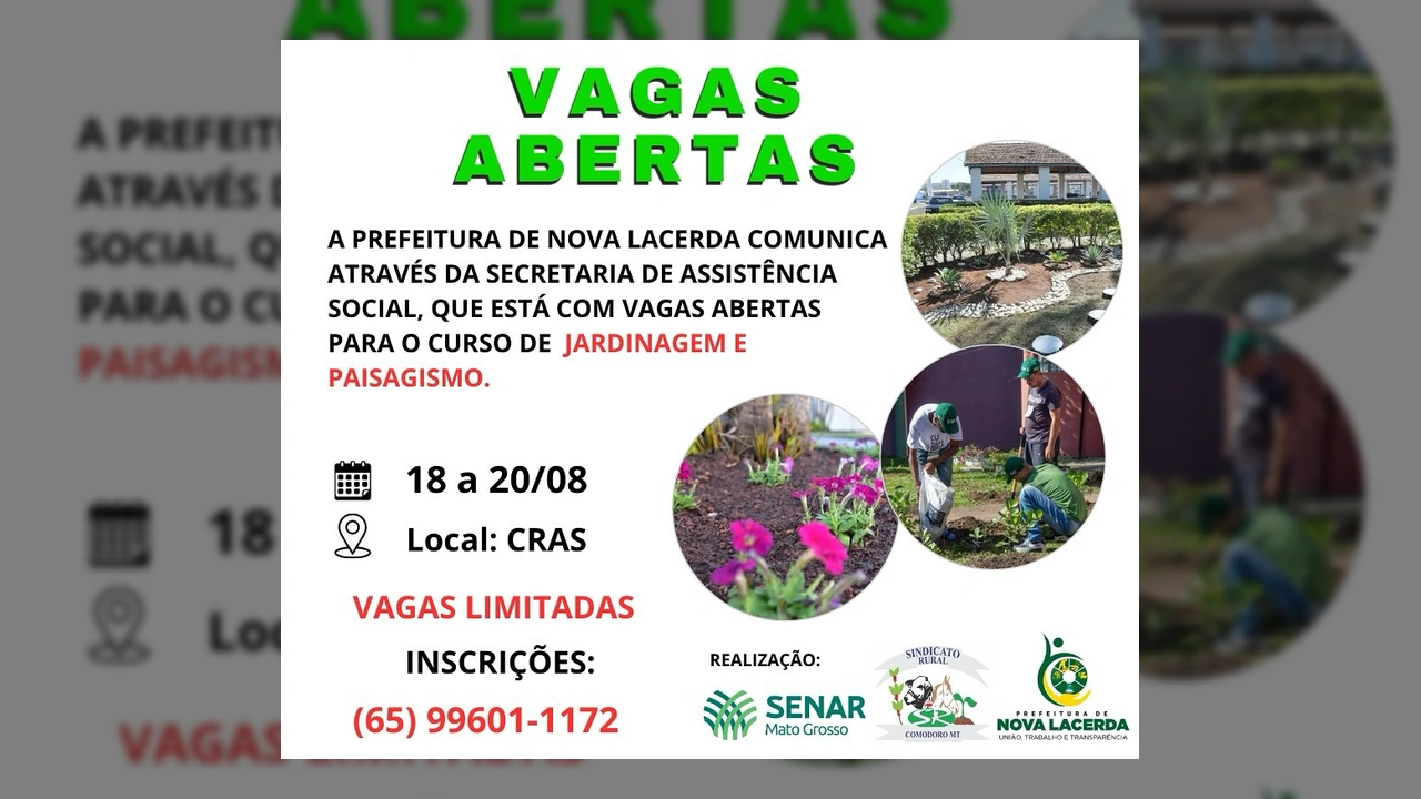 Imagem do anúncio de vagas para curso de Jardinagem e Paisagismo em Nova Lacerda. Créditos: Prefeitura de Nova Lacerda / Instagram.