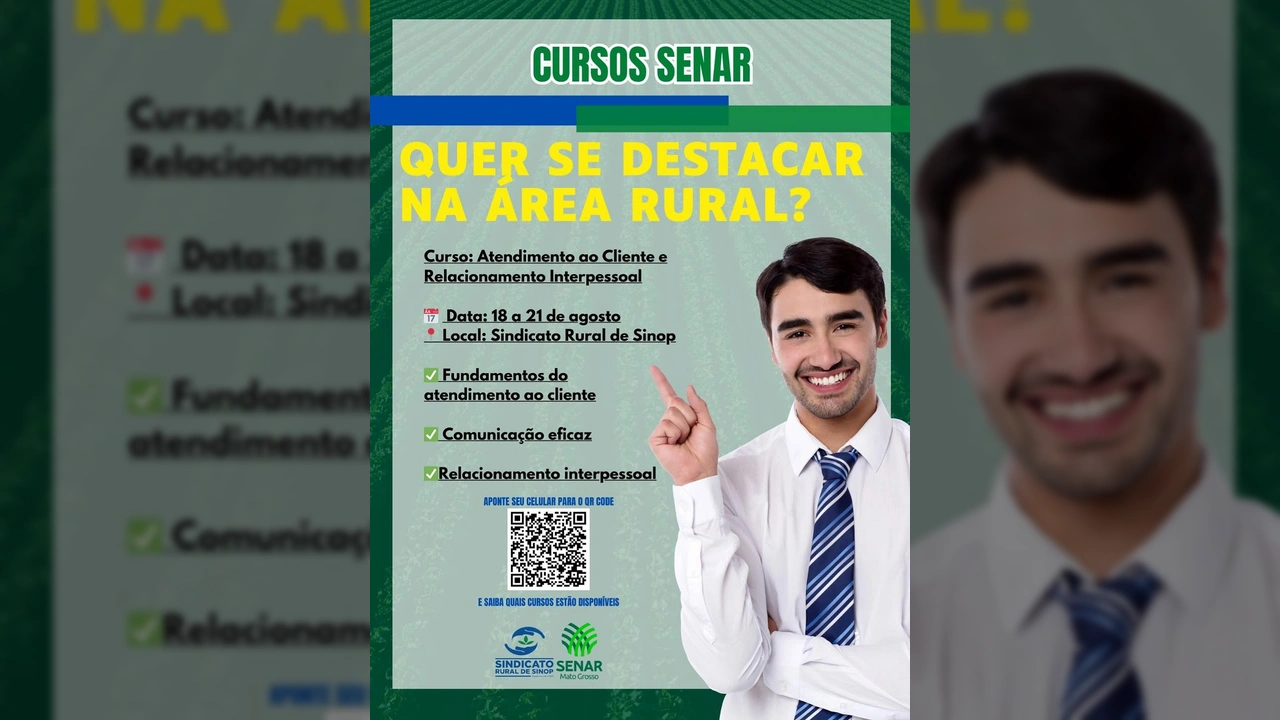 Homem sorrindo e apontando para informações do curso SENAR em Sinop, com fundo de plantação e texto 'Cursos SENAR'.