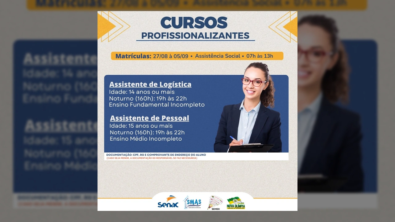 Cursos profissionalizantes gratuitos em Nova Olímpia com Senac, via Prefeitura de Nova Olímpia