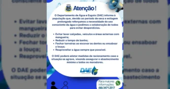 Infográfico com brasão de Alto Garças e megafone, destacando 'Atenção!' e dicas para economia de água, com créditos para a Prefeitura de Alto Garças / Instagram.