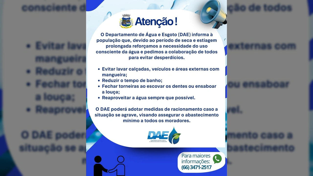 Infográfico com brasão de Alto Garças e megafone, destacando 'Atenção!' e dicas para economia de água, com créditos para a Prefeitura de Alto Garças / Instagram.