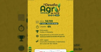 Cartaz anunciando o 1º Desafio Agro de MTB, 3ª etapa Prova do Sorgo, com informações de data, horário, premiação e inscrições, realizado pela Secretaria de Esporte e Lazer de Lucas do Rio Verde.