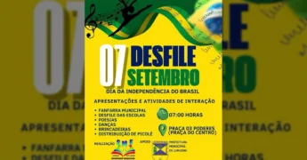 Imagem promocional do Desfile de 7 de Setembro em Juruena com a bandeira do Brasil e elementos musicais. Créditos: Prefeitura Municipal de Juruena / Instagram.