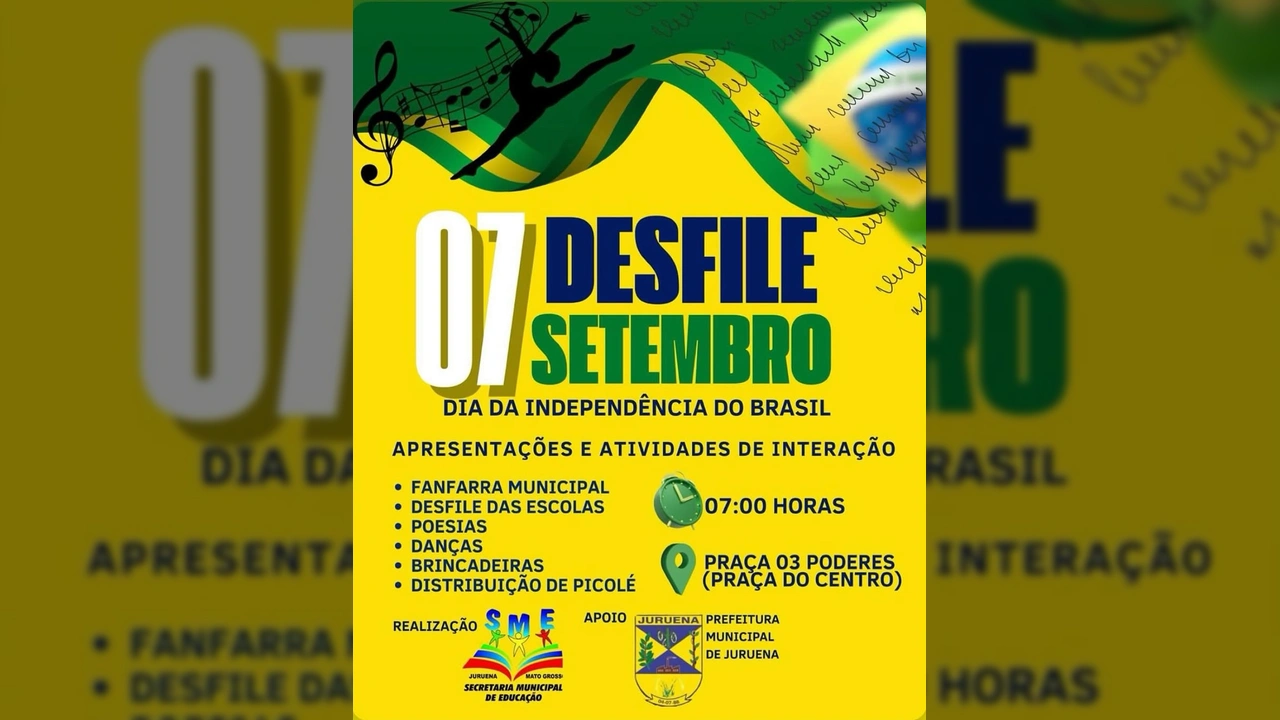Imagem promocional do Desfile de 7 de Setembro em Juruena com a bandeira do Brasil e elementos musicais. Créditos: Prefeitura Municipal de Juruena / Instagram.