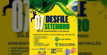 Cartaz divulgando o Desfile Cívico de 7 de Setembro em Juruena, com silhuetas de pessoas, bandeira do Brasil e detalhes da programação de atividades.