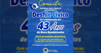 Desfile Cívico em comemoração aos 43 anos de Nova Bandeirantes, com bandeira e convite. Crédito: Prefeitura de Nova Bandeirantes / Instagram