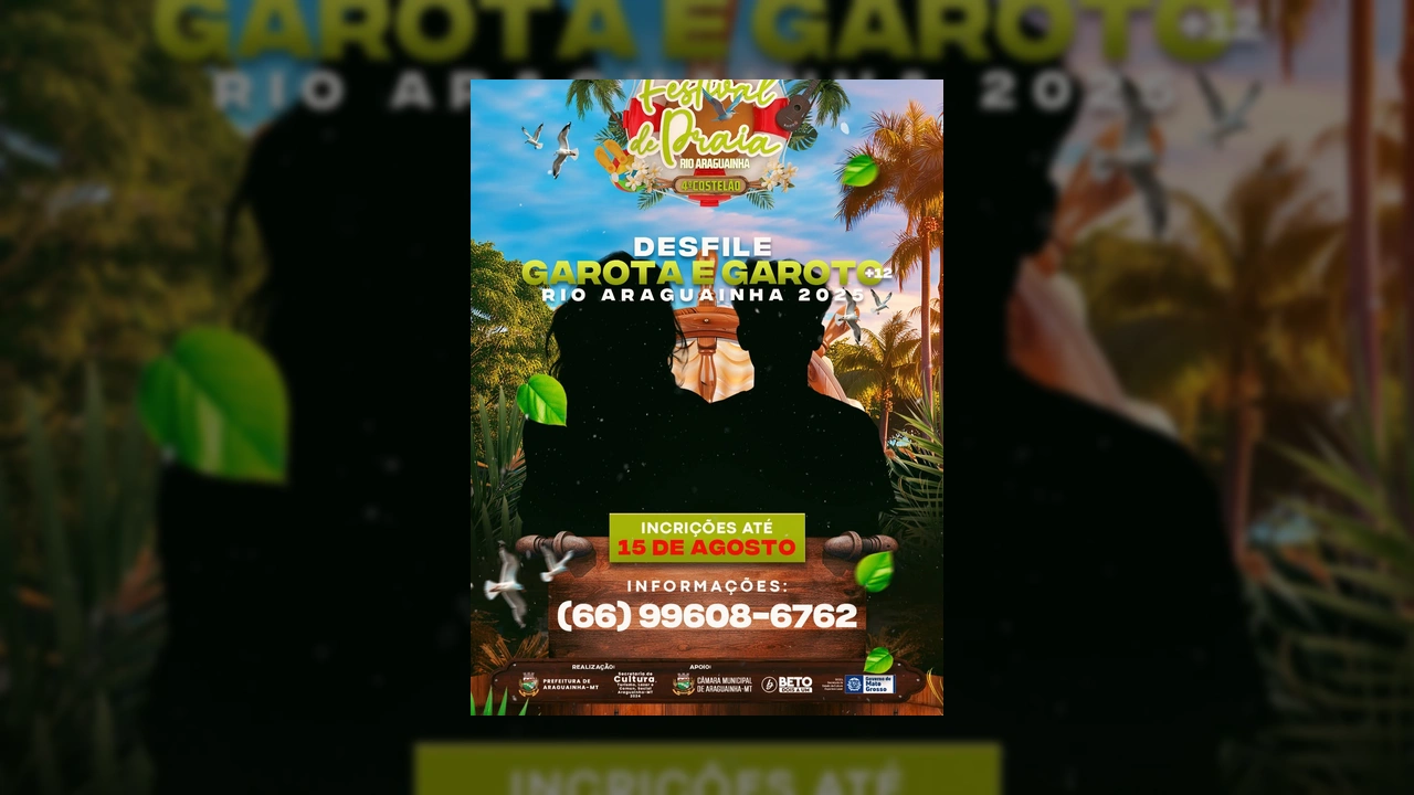 Banner anunciando o Desfile Garota e Garoto Rio Araguainha 2025, com silhuetas de pessoas e paisagem de praia. Crédito: festivalaraguainha / Instagram
