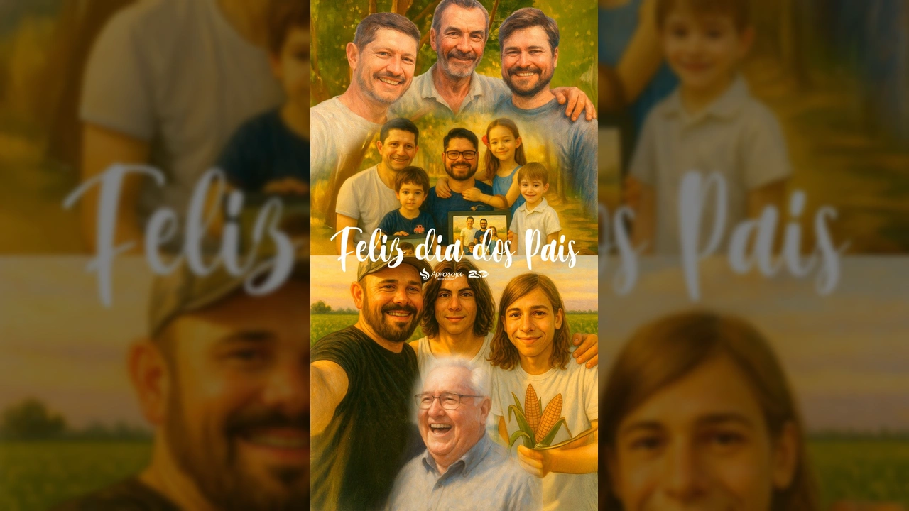Foto de pai e filhos com a legenda da Aprosoja Mato Grosso em homenagem ao Dia dos Pais.