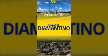 Vista aérea de Diamantino, Mato Grosso, mostrando prédios, ruas, vegetação e o sol no horizonte. Crédito: Prefeitura de Diamantino / Instagram