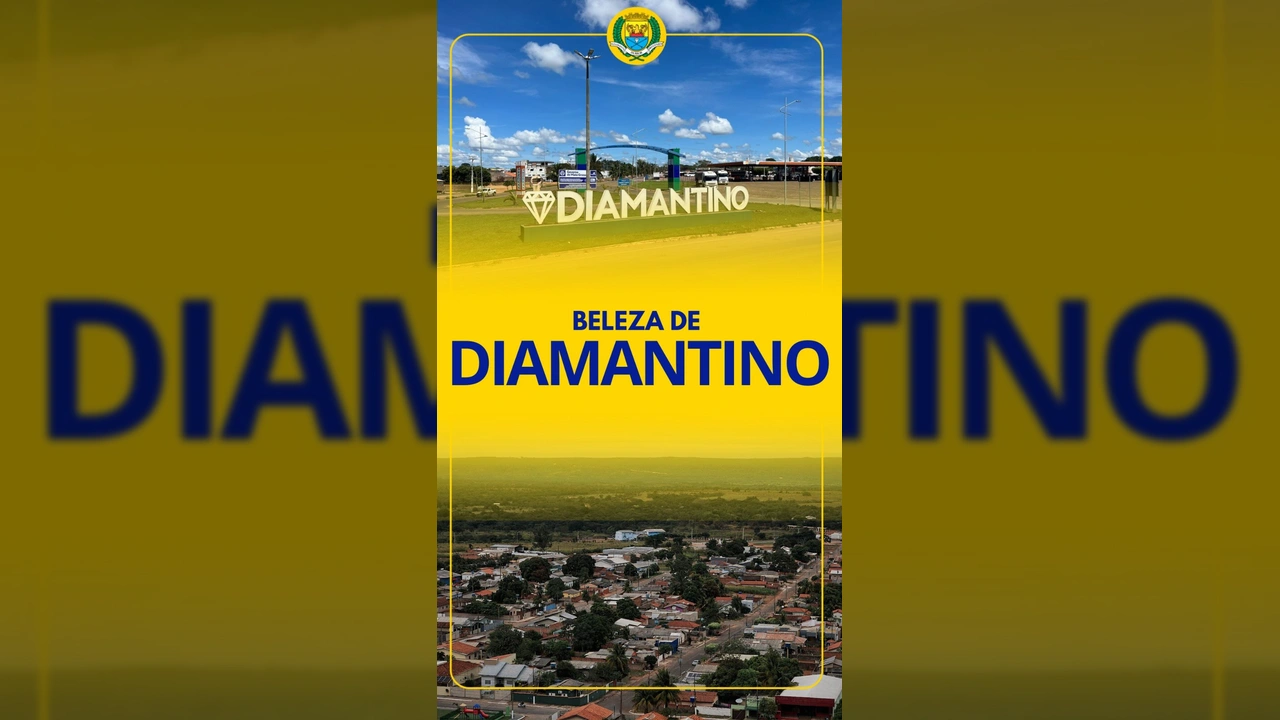 Vista aérea de Diamantino, Mato Grosso, mostrando prédios, ruas, vegetação e o sol no horizonte. Crédito: Prefeitura de Diamantino / Instagram