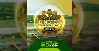 Banner da DINETEC Canarana 2026 com o logo do evento, data e local em fundo de paisagem agrícola. Crédito: DINETEC CANARANA / Instagram.