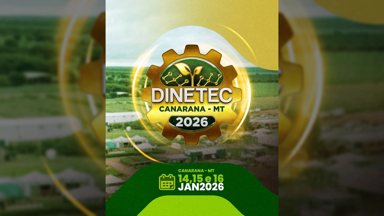 Logotipo dourado da DINETEC 2026 com engrenagem e broto, sobre fundo de paisagem agrícola de Canarana, Mato Grosso. Imagem por DINETEC CANARANA / Instagram.