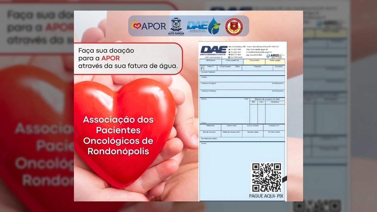 Imagem de mãos segurando um coração vermelho, simbolizando solidariedade, com a fatura de água ao lado. Créditos: Prefeitura de Alto Garças / Instagram