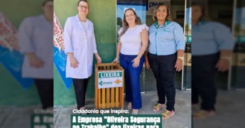 Imagem da doação de lixeiras pela empresa Oliveira Segurança no Trabalho para unidades de saúde em Juara, com pessoas posando ao lado dos itens e da fachada de um prédio de saúde. Crédito: Prefeitura de Juara / Instagram