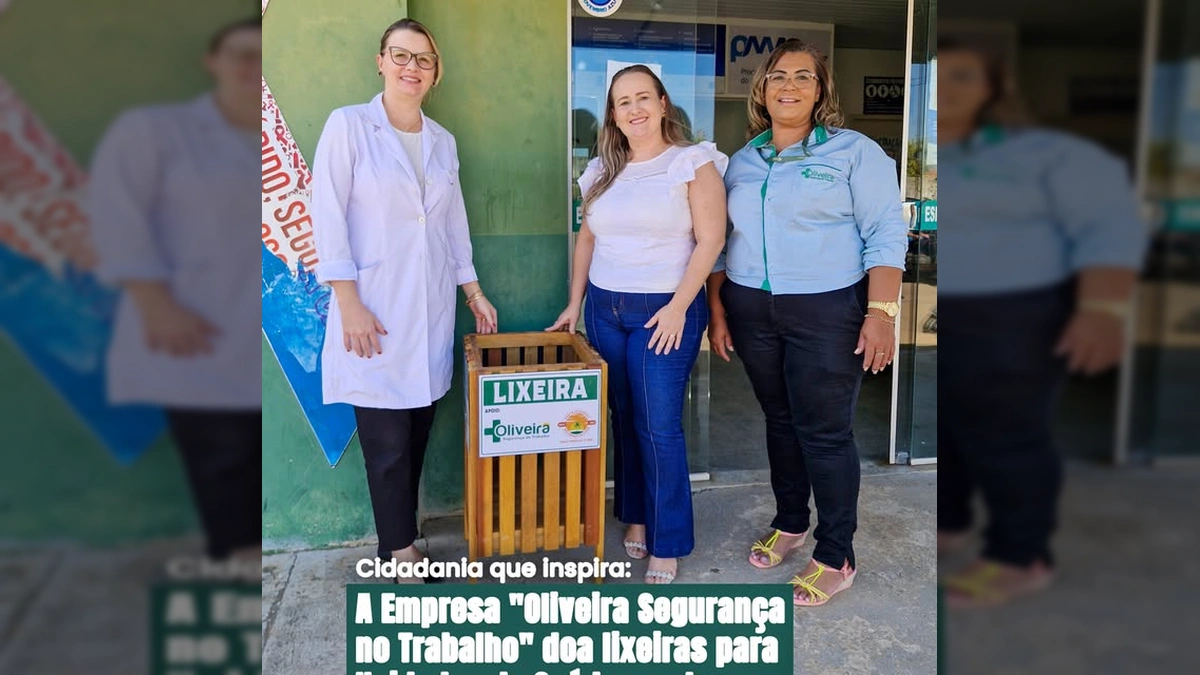 Imagem da doação de lixeiras pela empresa Oliveira Segurança no Trabalho para unidades de saúde em Juara, com pessoas posando ao lado dos itens e da fachada de um prédio de saúde. Crédito: Prefeitura de Juara / Instagram