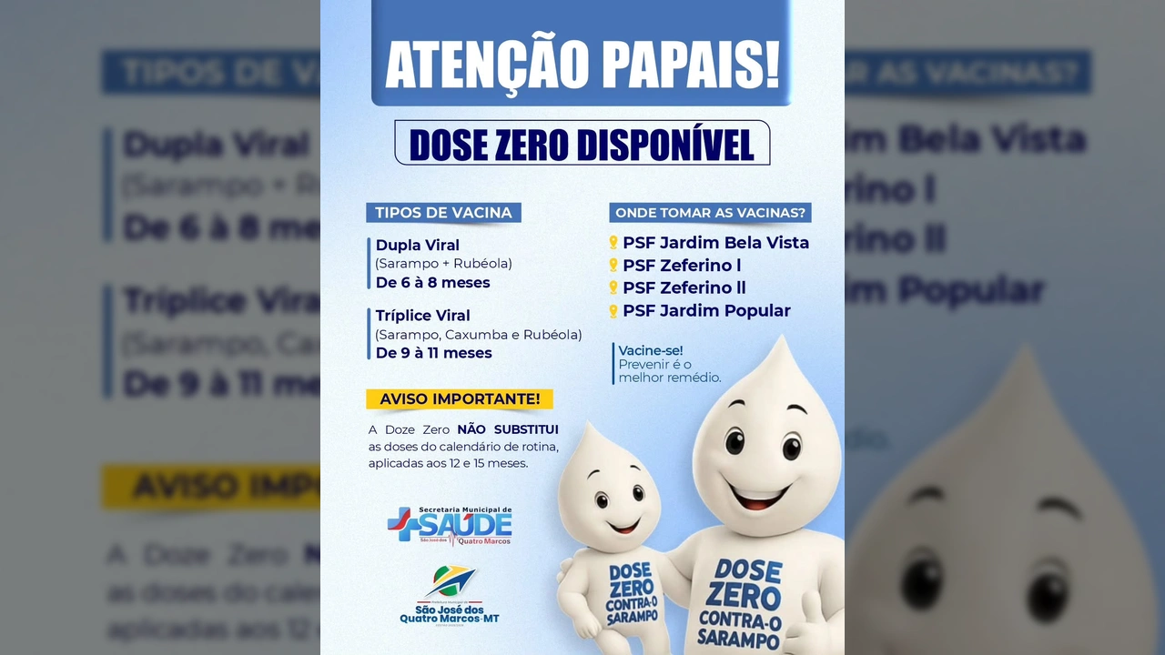 Imagem promocional da campanha de vacinação Dose Zero contra sarampo e rubéola em São José dos Quatro Marcos. Crédito: @prefeituradequatromarcos