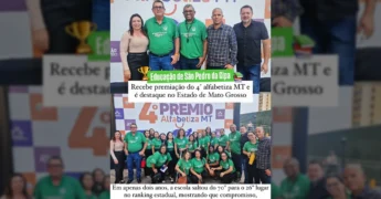 Imagem da equipe de educação de São Pedro da Cipa com o troféu do 4º Prêmio Alfabetiza MT, destacando a Escola Gessy Antônio da Silva. Créditos: Prefeitura de São Pedro da Cipa / Instagram