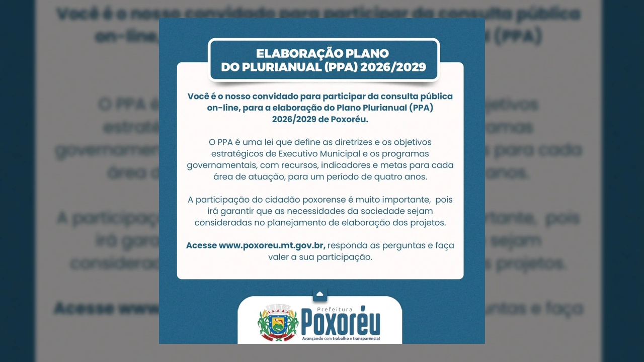 Imagem da Prefeitura de Poxoréu sobre a elaboração do PPA 2026/2029. Créditos: Prefeitura de Poxoréu / Instagram