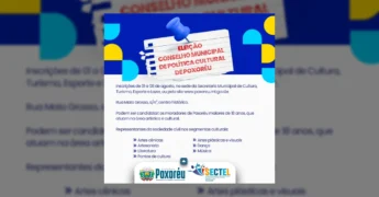 Imagem ilustrativa com um clipe azul prendendo um papel escrito 'Eleição Conselho Municipal de Política Cultural de Poxoréu'. Créditos: Prefeitura de Poxoréu / Instagram