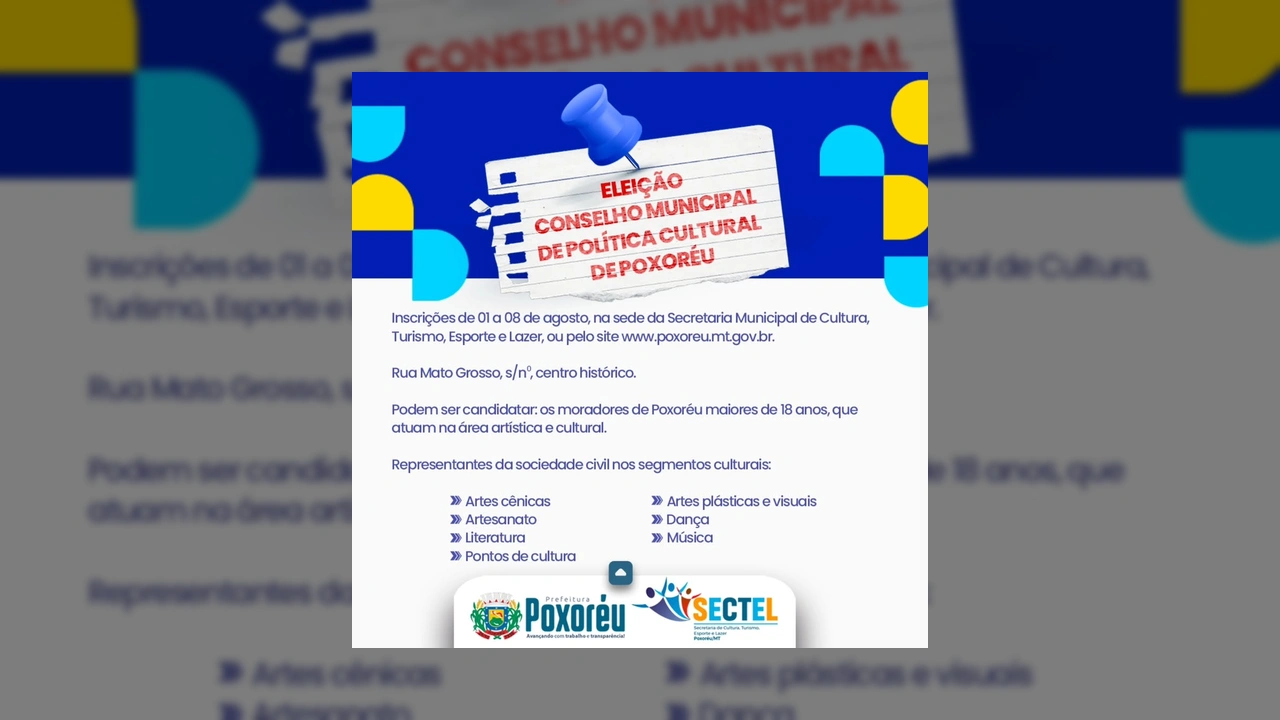 Imagem ilustrativa com um clipe azul prendendo um papel escrito 'Eleição Conselho Municipal de Política Cultural de Poxoréu'. Créditos: Prefeitura de Poxoréu / Instagram