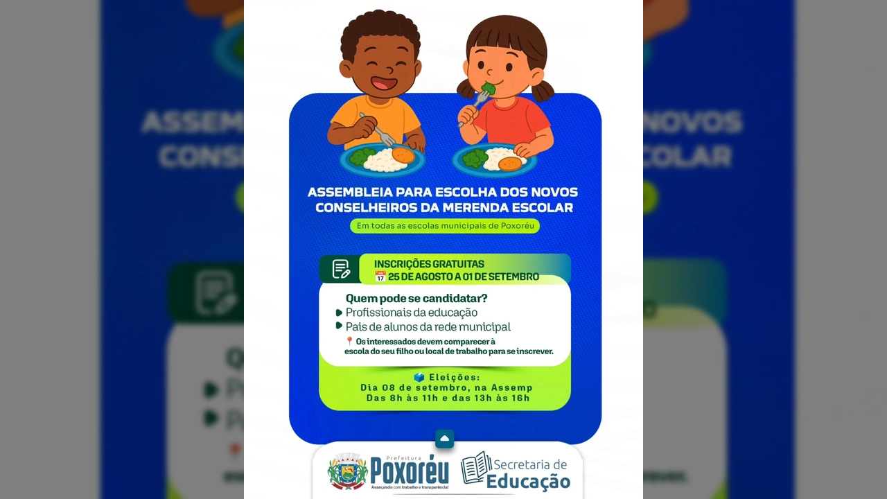 Ilustração de crianças felizes comendo merenda escolar, simbolizando a importância da eleição de novos conselheiros em Poxoréu - Crédito: Prefeitura de Poxoréu / Instagram