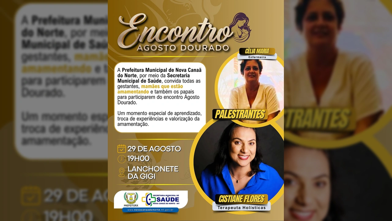 Prefeitura de Nova Canaã do Norte: Encontro Agosto Dourado com enfermeira Célia Maria e terapeuta Cistiane Flores, focado em amamentação. Crédito: Prefeitura de Nova Canaã do Norte / Instagram